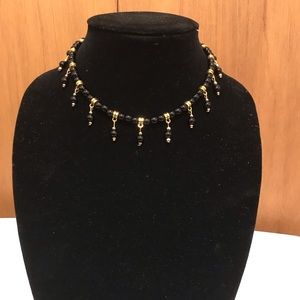 Black and Gold Czech Druk Glass Beaded Dangle Necklace